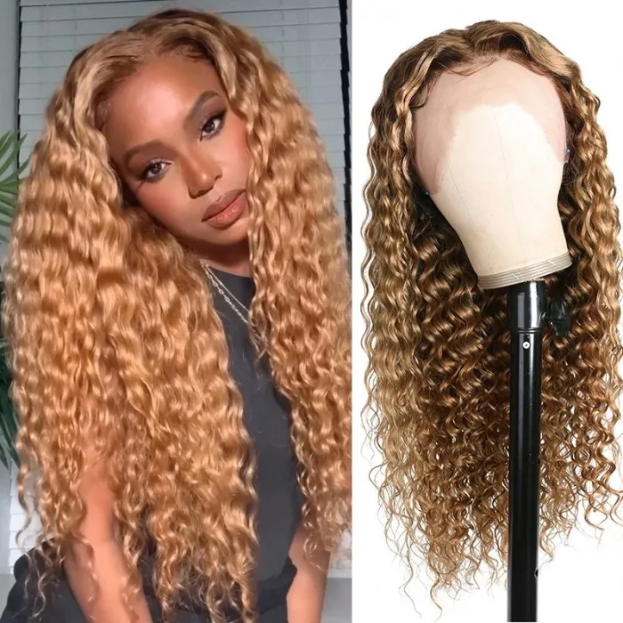 13x4 curly honey blonde lace frontal human hair wigs 1