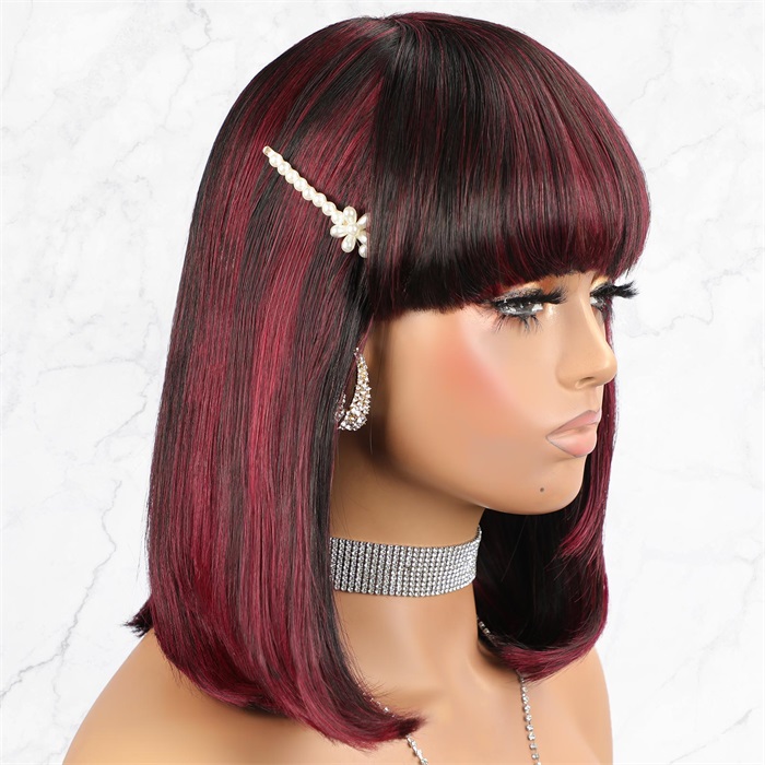 99j burgundy highlights bob cut lace wigs with bangs wholesale 3