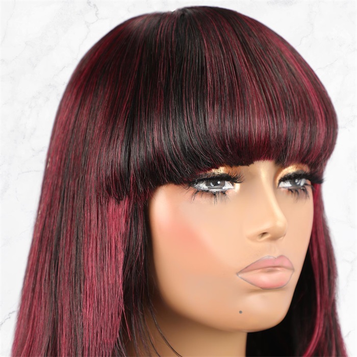 99j burgundy highlights bob cut lace wigs with bangs wholesale 4