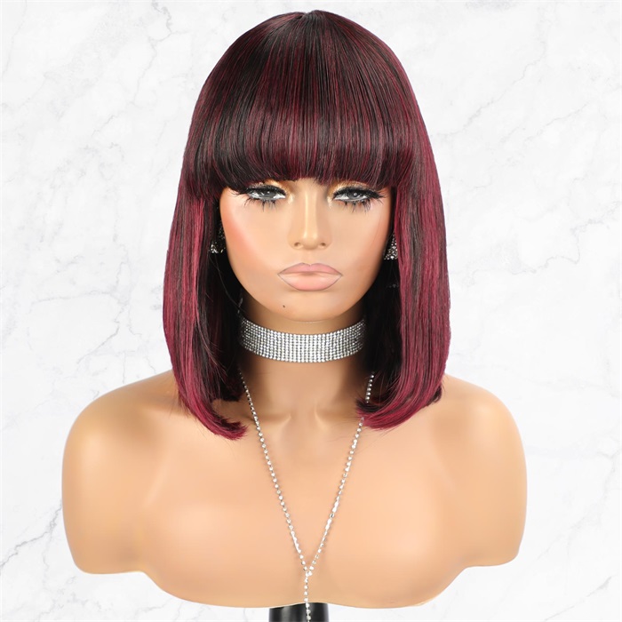 99j burgundy highlights bob cut lace wigs with bangs wholesale 8