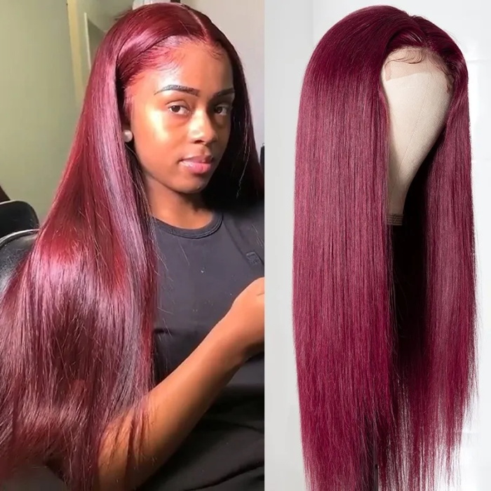 affordable 99j lace part human hair wigs burgundy virgin straight hand tied hair line lace wig pre plucked colored wig for women 4