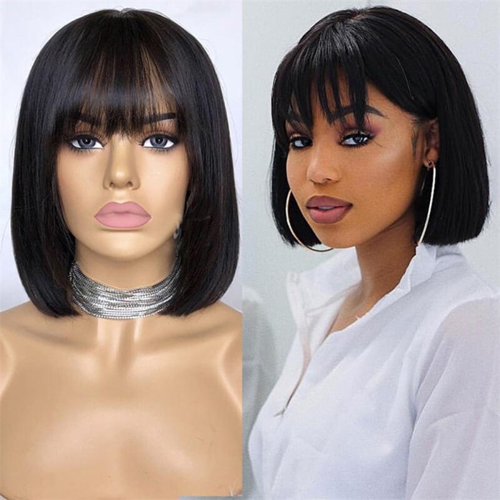 affordable short straight body non lace wigs with bangs 3