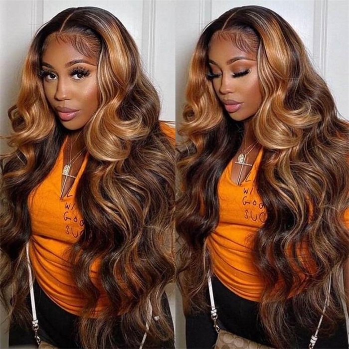 highlight piano color glueless lace frontal human hair wigs body wave 3