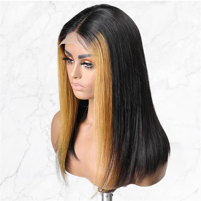 hot selling blonde highlights with black lace frontal human hair wigs 2