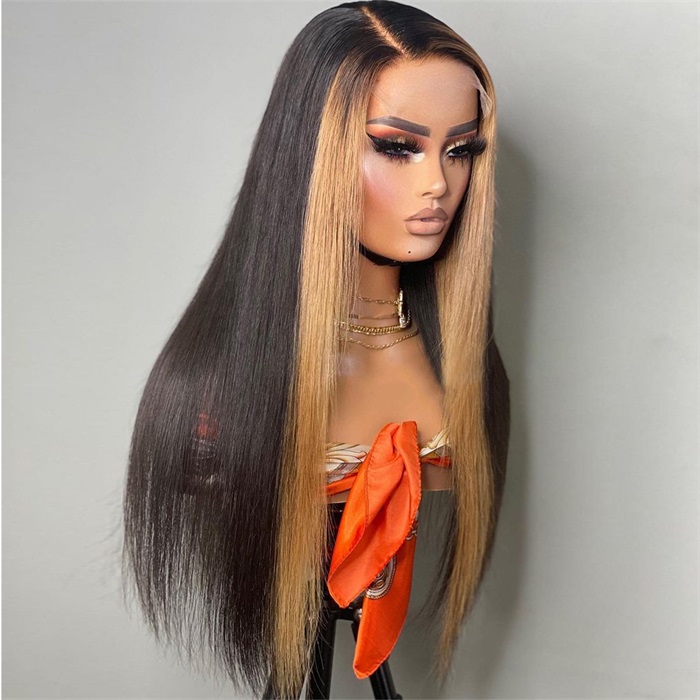 hot selling blonde highlights with black lace frontal human hair wigs 4
