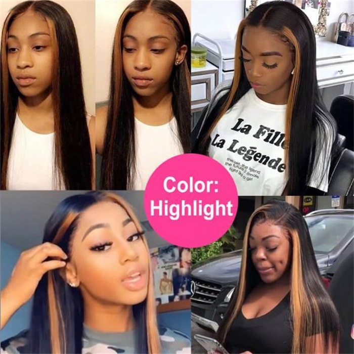 hot selling blonde highlights with black lace frontal human hair wigs 6