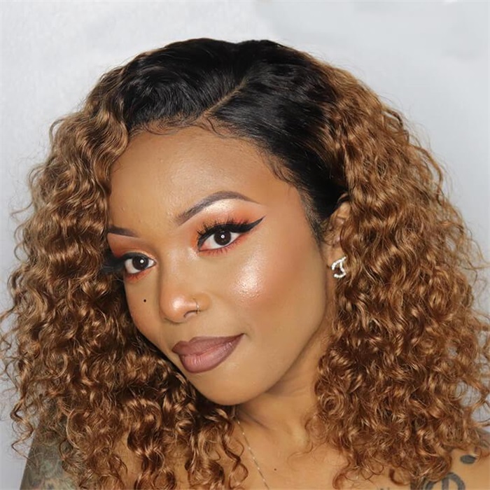 short curly ombre honey blonde lace frontal human hair wigs with baby hair 3
