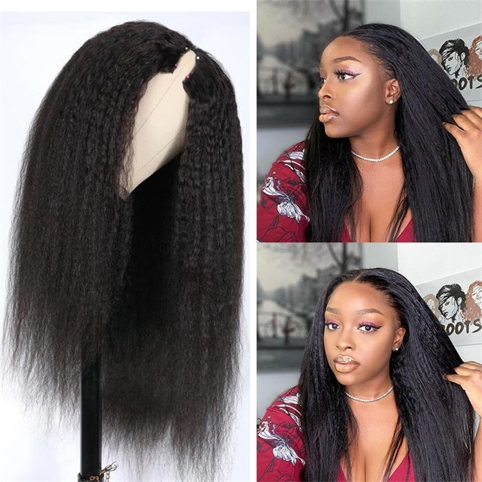 thin v part wig glueless kinky straight human hair wig no leave-out 3